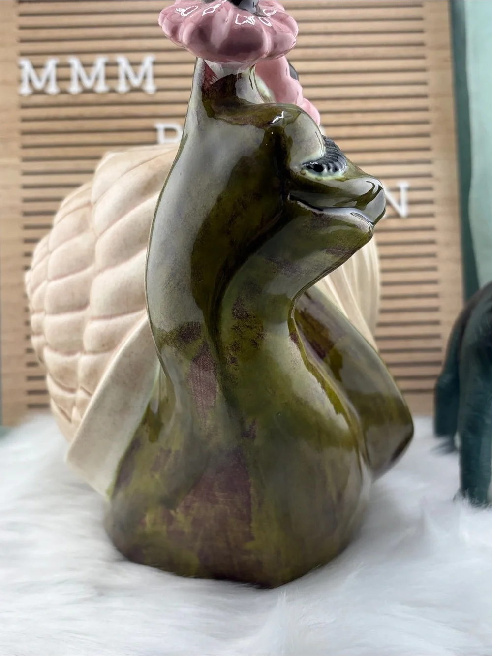 Vintage Ceramic Olive Green Snail with Pink Flowers Planter and Cream Shell